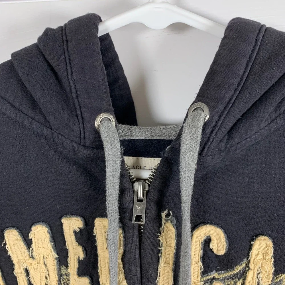 American Eagle Black Full Zip Hoodie Eagle Graphic Men XL Y2K Spell Out Skater‎ - Picture 9 of 14